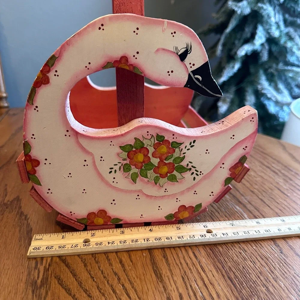 Wooden Swan Basket Hand Painted Folk Art Cottagecore Goose Geese